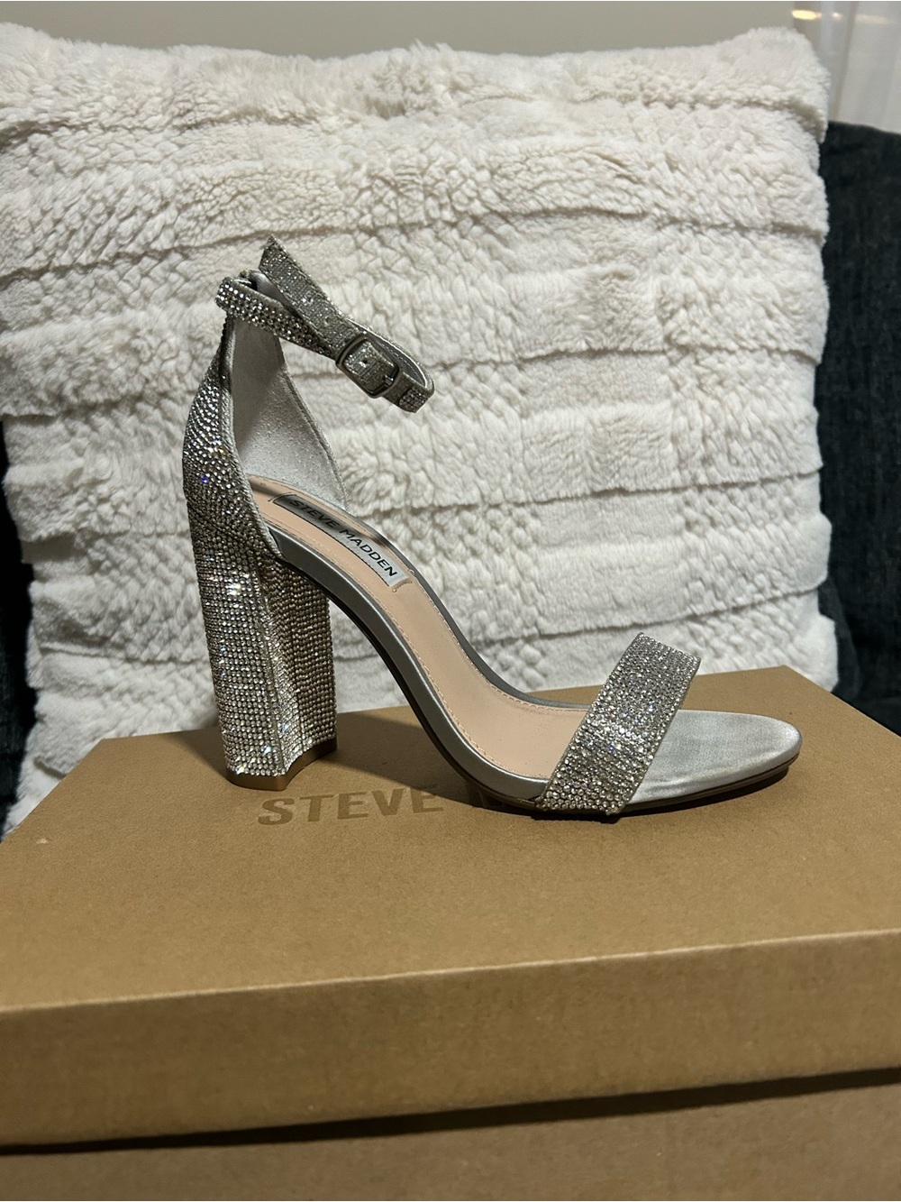 Steve Madden Silver Crystal-Ankle Block Heel Sandal